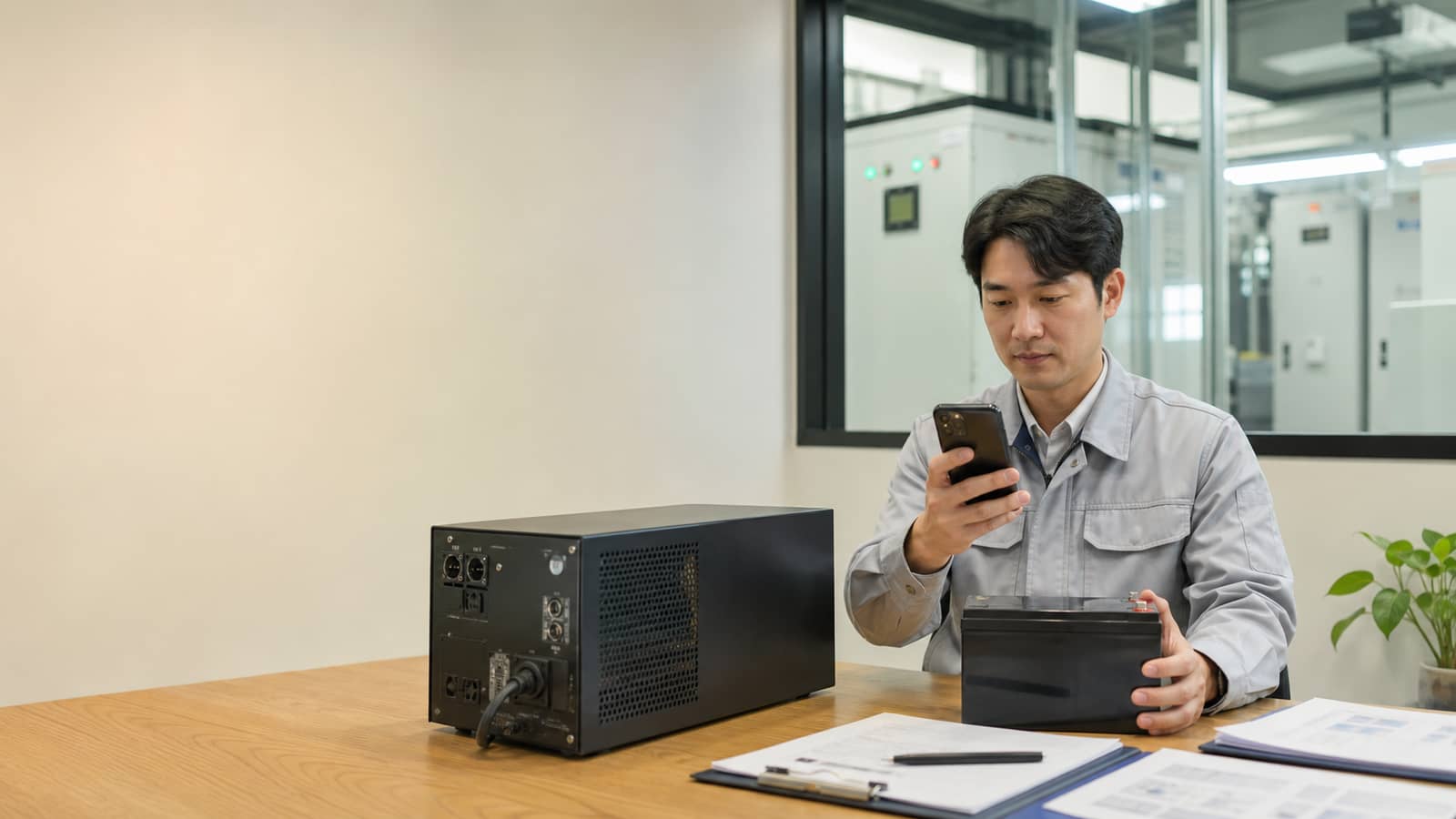 김포 UPS 배터리 견적 상담을 위해 장비 정보를 확인하는 모습