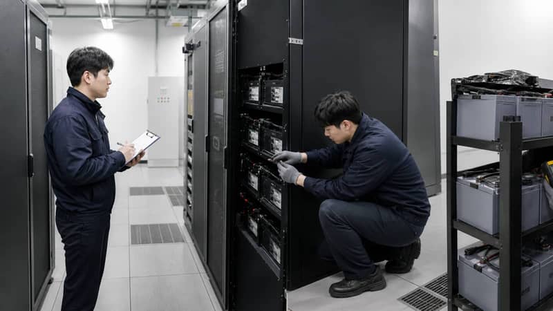 UPS 배터리 시공 절차에 따라 측정 장비로 상태를 확인하는 기술 현장